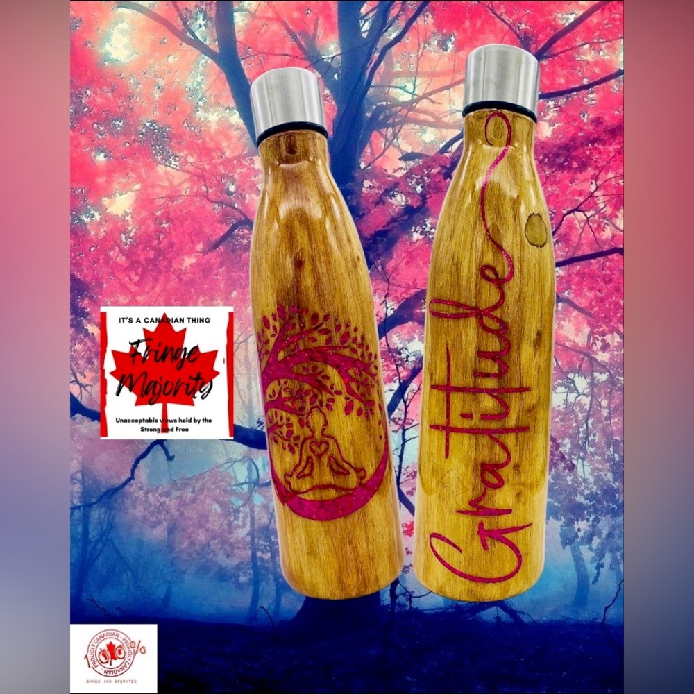 Gratitude, 17oz epoxy water bottle, pink glitter inlays, hand painted wood grain